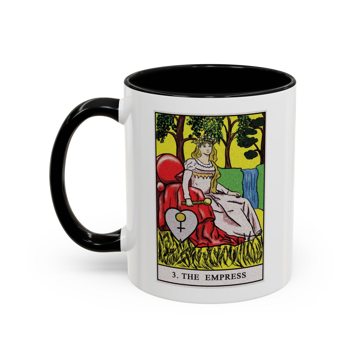 The Empress Tarot Card Coffee Mug - Double Sided Print, Black Accent White Ceramic, 11oz by TheGlassyLass