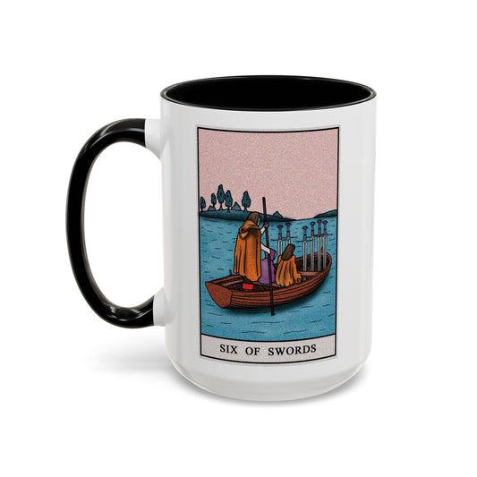 Six of Swords Tarot Card Coffee Mug - Double Sided Black Accent White Ceramic 15oz by TheGlassyLass