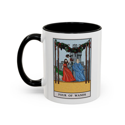 Four of Wands Tarot Card Coffee Mug - Double Sided Print, Black Accent White Ceramic, 11oz by TheGlassyLass.com