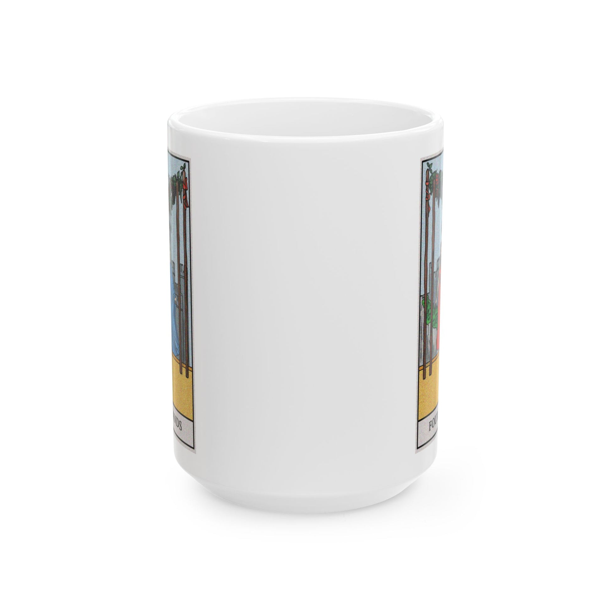 Four of Wands Tarot Card Coffee Mug - Double Sided White Ceramic 15oz by TheGlassyLass.com