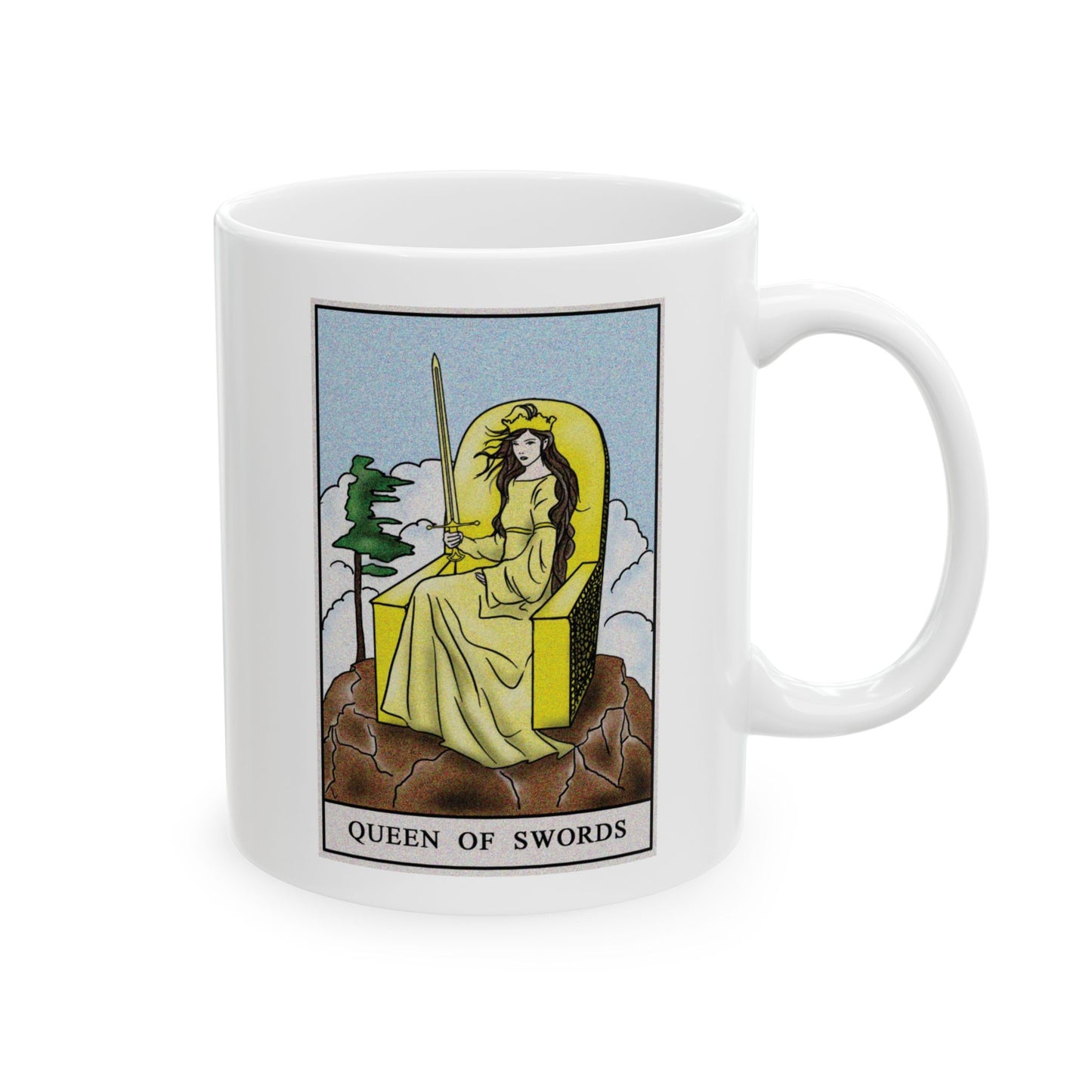 Queen of Swords Tarot Card Coffee Mug - Double Sided Print, White Ceramic, 11oz by TheGlassyLass.com
