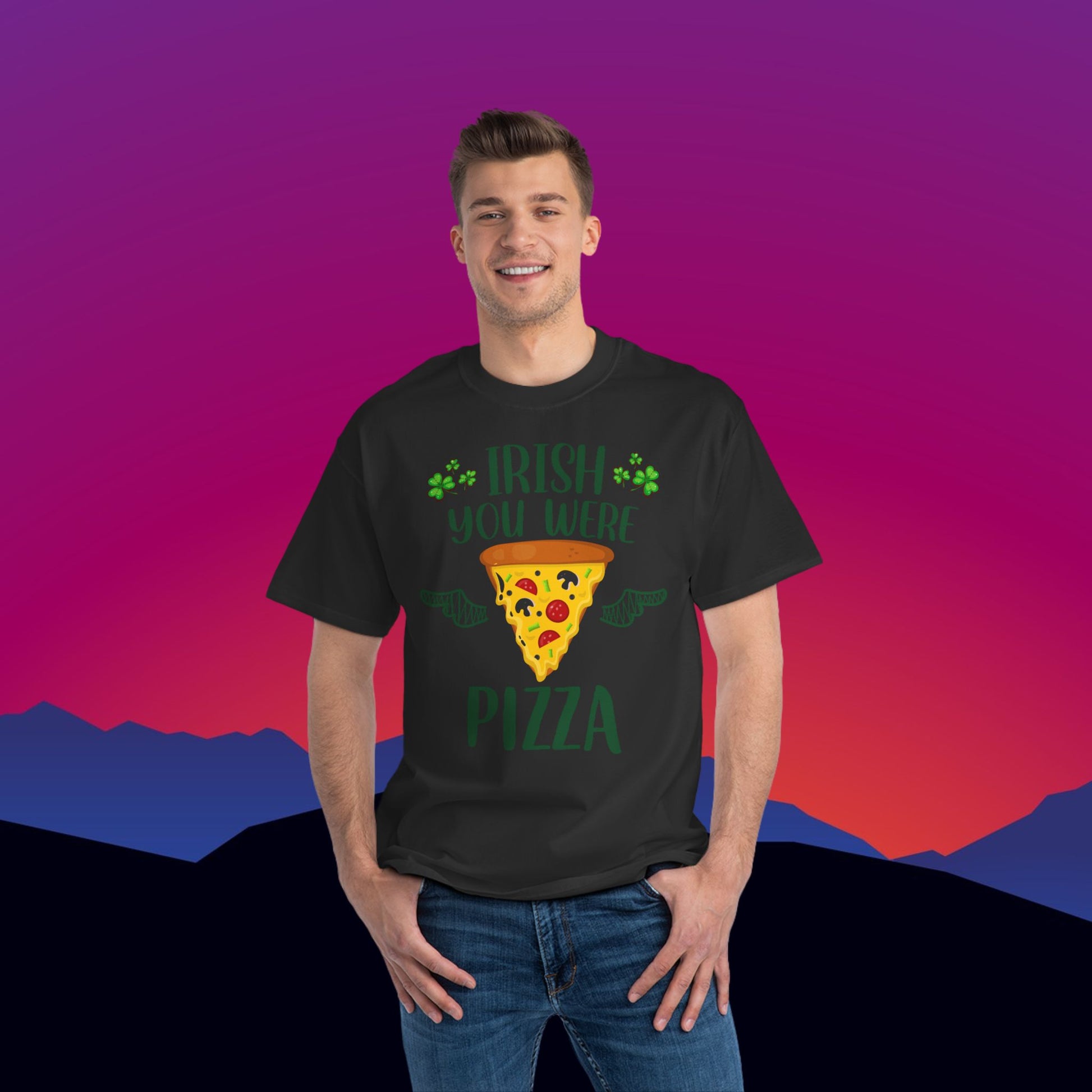 Irish You Were Pizza T-Shirt: (Hanes Beefy-T 100% Preshrunk Cotton Custom Printed by TheGlassyLass.com