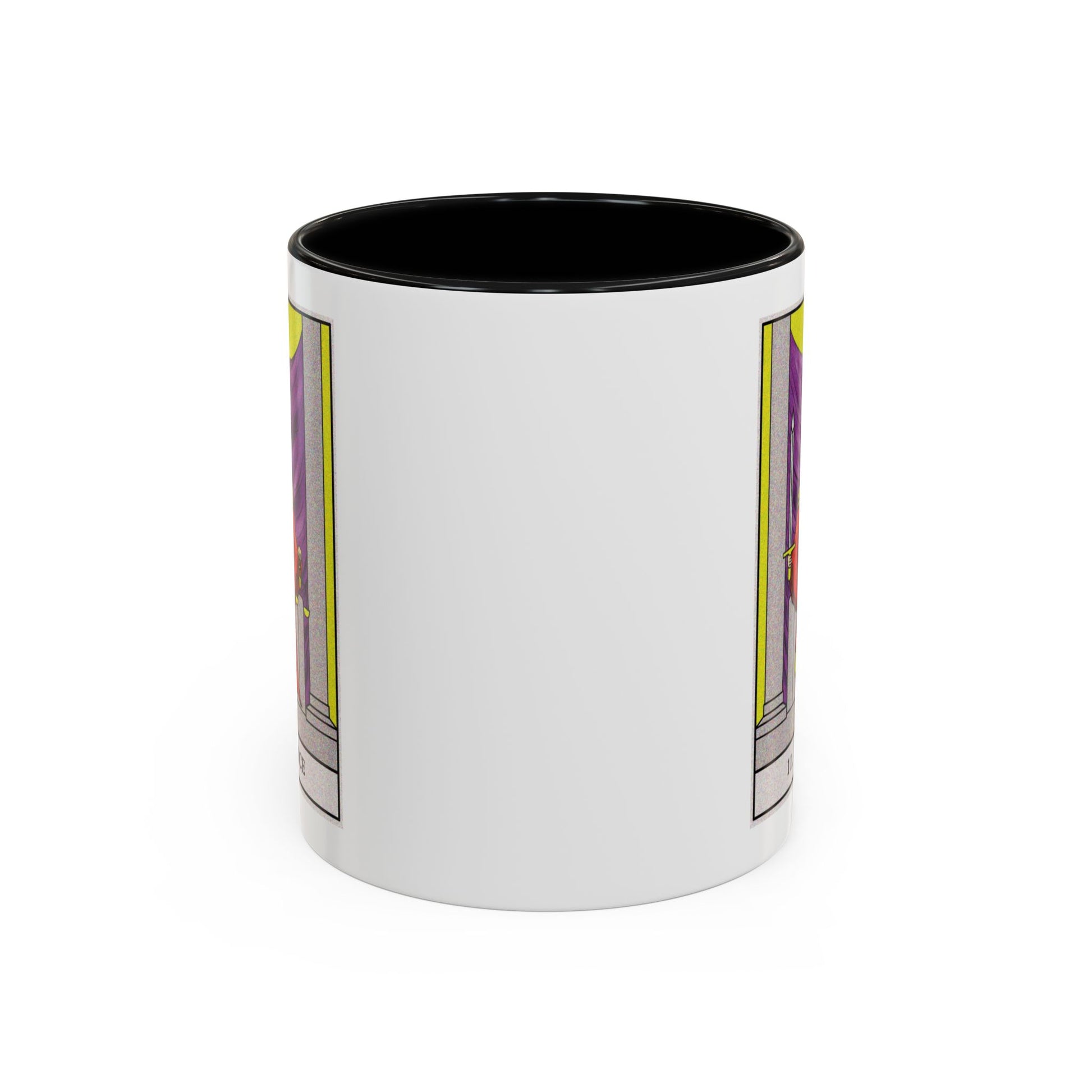 Justice Tarot Card Coffee Mug - Double Sided Print, Black Accent White Ceramic, 11oz by TheGlassyLass.com