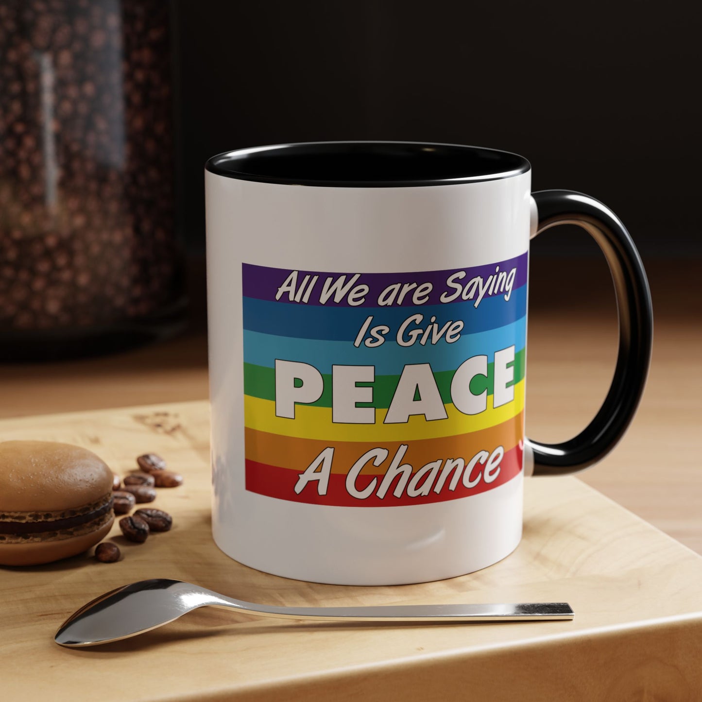 Give Peace a Chance Flag Coffee Mug - Double Sided Black Accent White Ceramic 11oz by TheGlassyLass.com