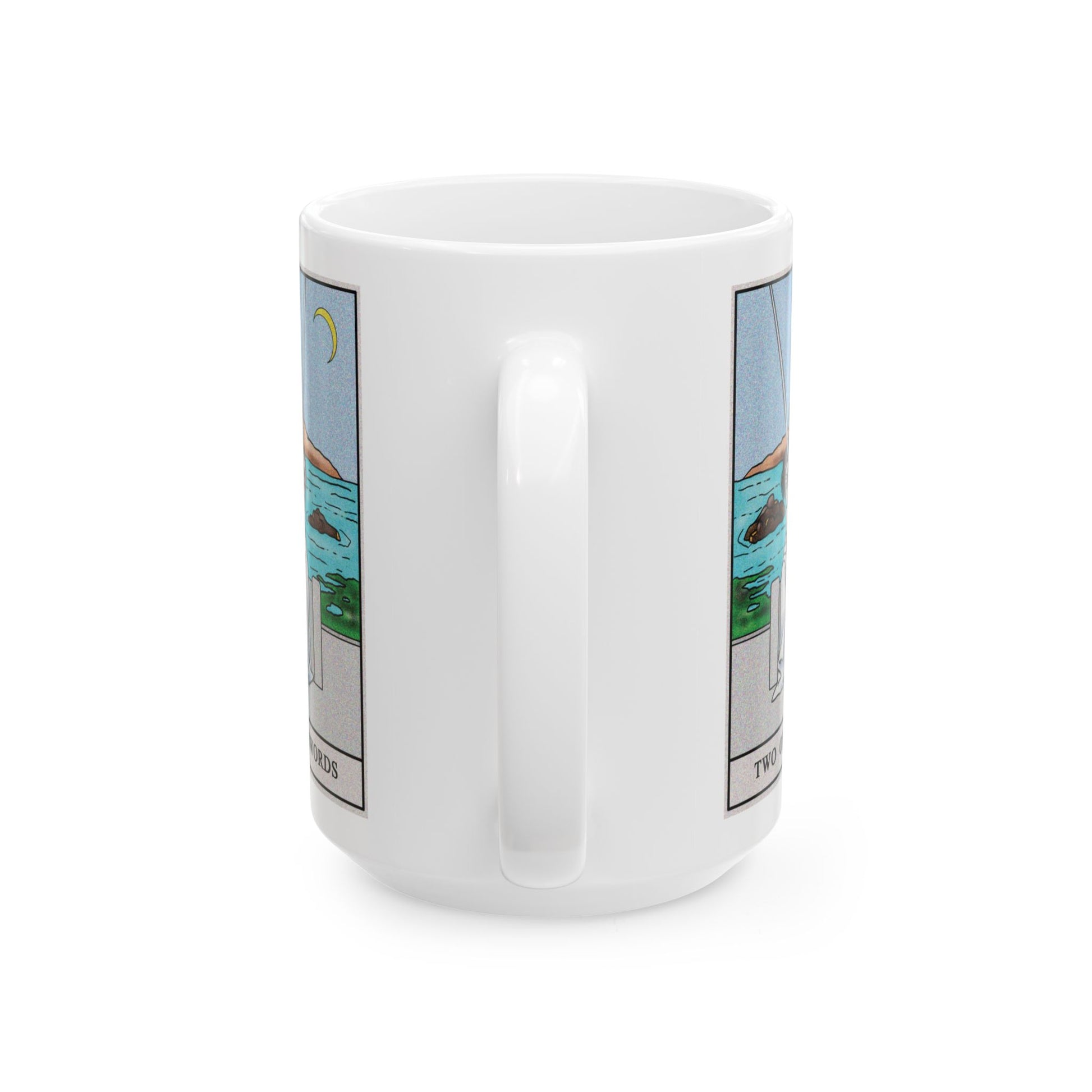 Two of Swords Tarot Card Coffee Mug - Double Sided White Ceramic 15oz by TheGlassyLass.com