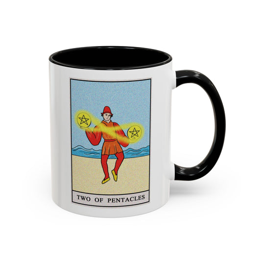 Two of Pentacles Tarot Card Coffee Mug - Double Sided Print, Black Accent White Ceramic, 11oz by TheGlassyLass.com