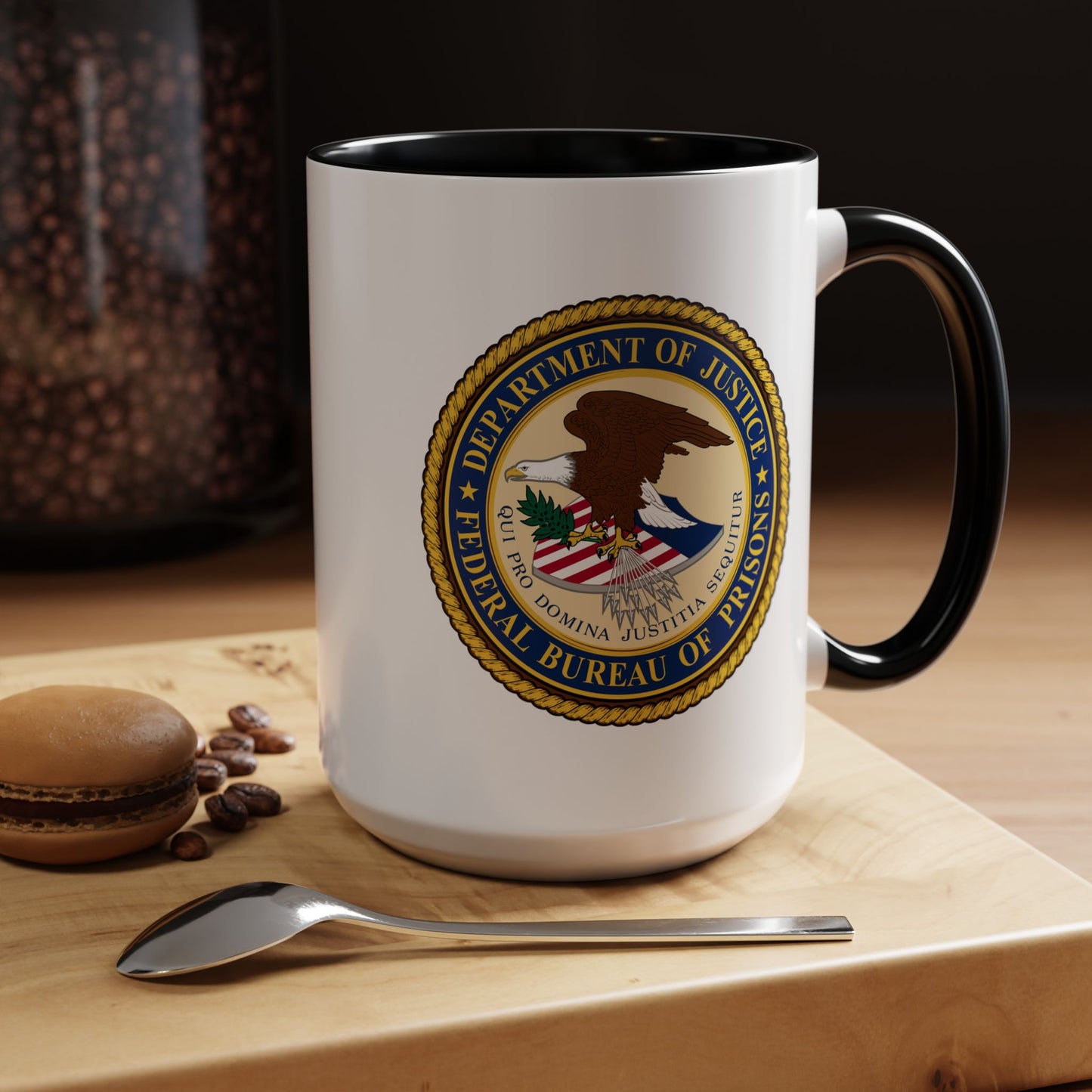 Federal Bureau of Prisons Coffee Mug - Double Sided Black Accent White Ceramic 15oz by TheGlassyLass.com
