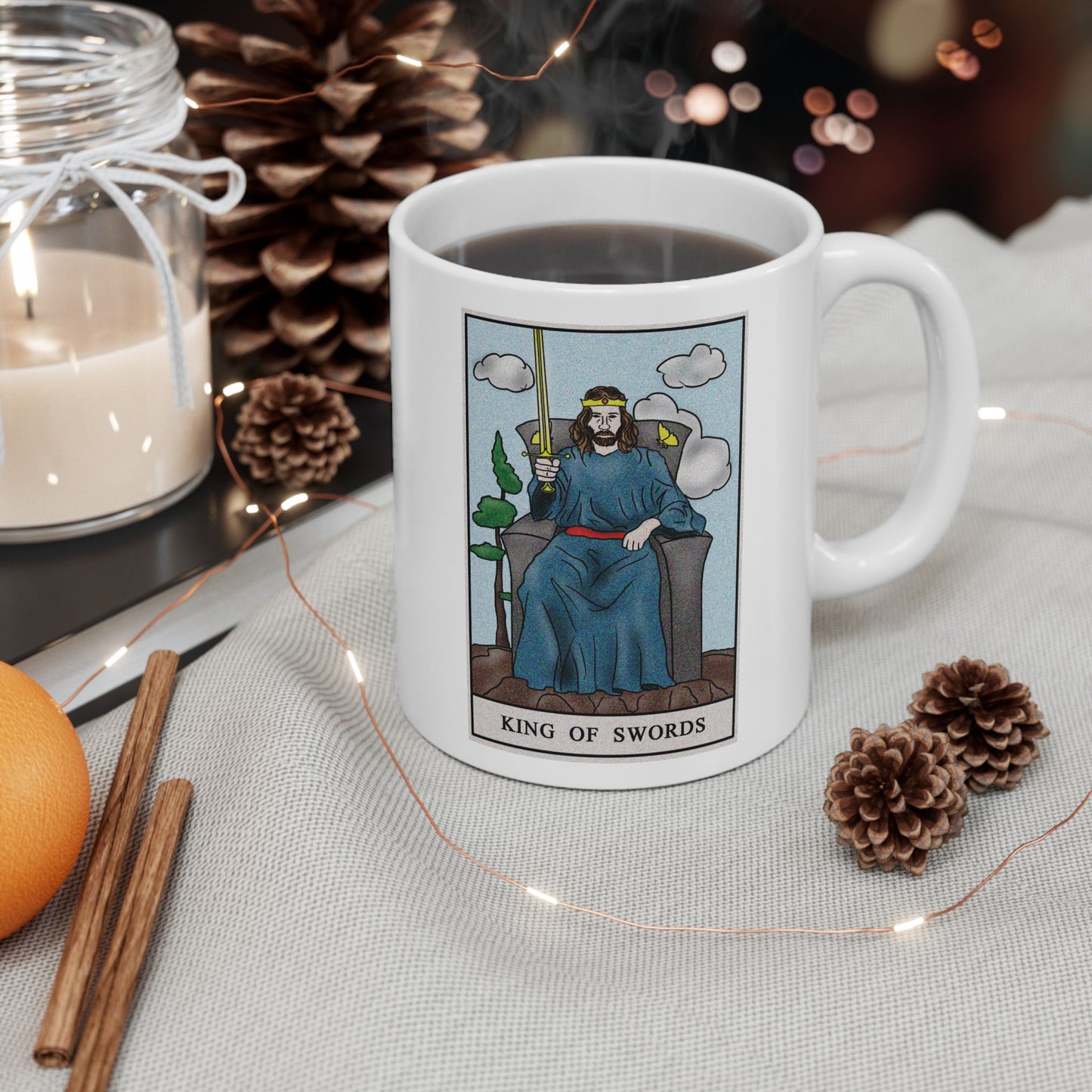 King of Swords Tarot Card Coffee Mug - Double Sided Print, White Ceramic, 11oz by TheGlassyLass.com