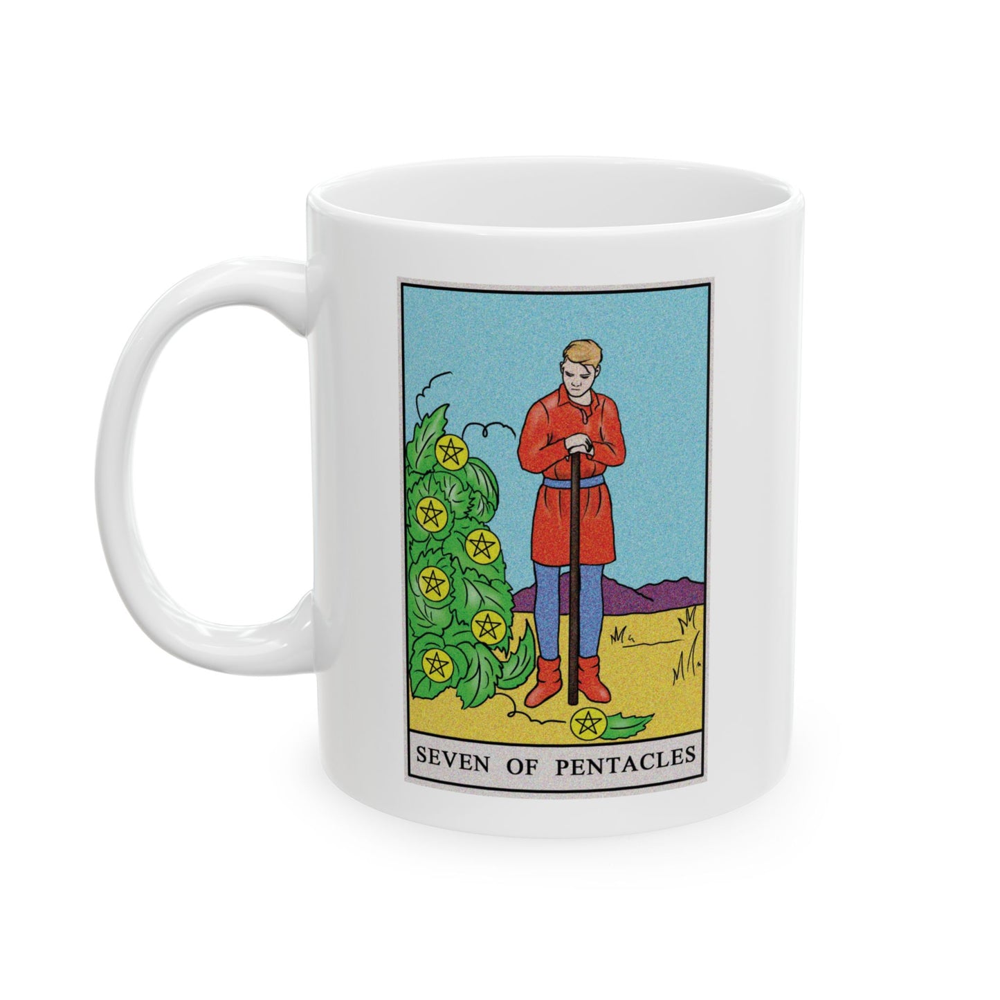 ﻿Seven of Pentacles Tarot Card Coffee Mug - Double Sided Print, White Ceramic, 11oz by TheGlassyLass