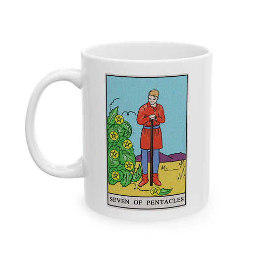 ﻿Seven of Pentacles Tarot Card Coffee Mug - Double Sided Print, White Ceramic, 11oz by TheGlassyLass