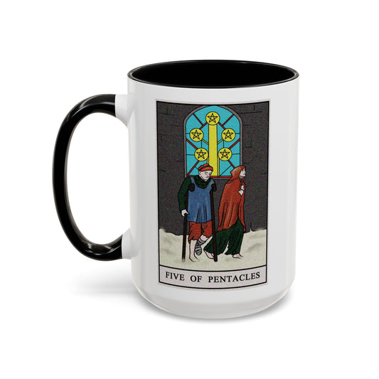 Five of Pentacles Tarot Card Coffee Mug - Double Sided Black Accent White Ceramic 15oz by TheGlassyLass.com
