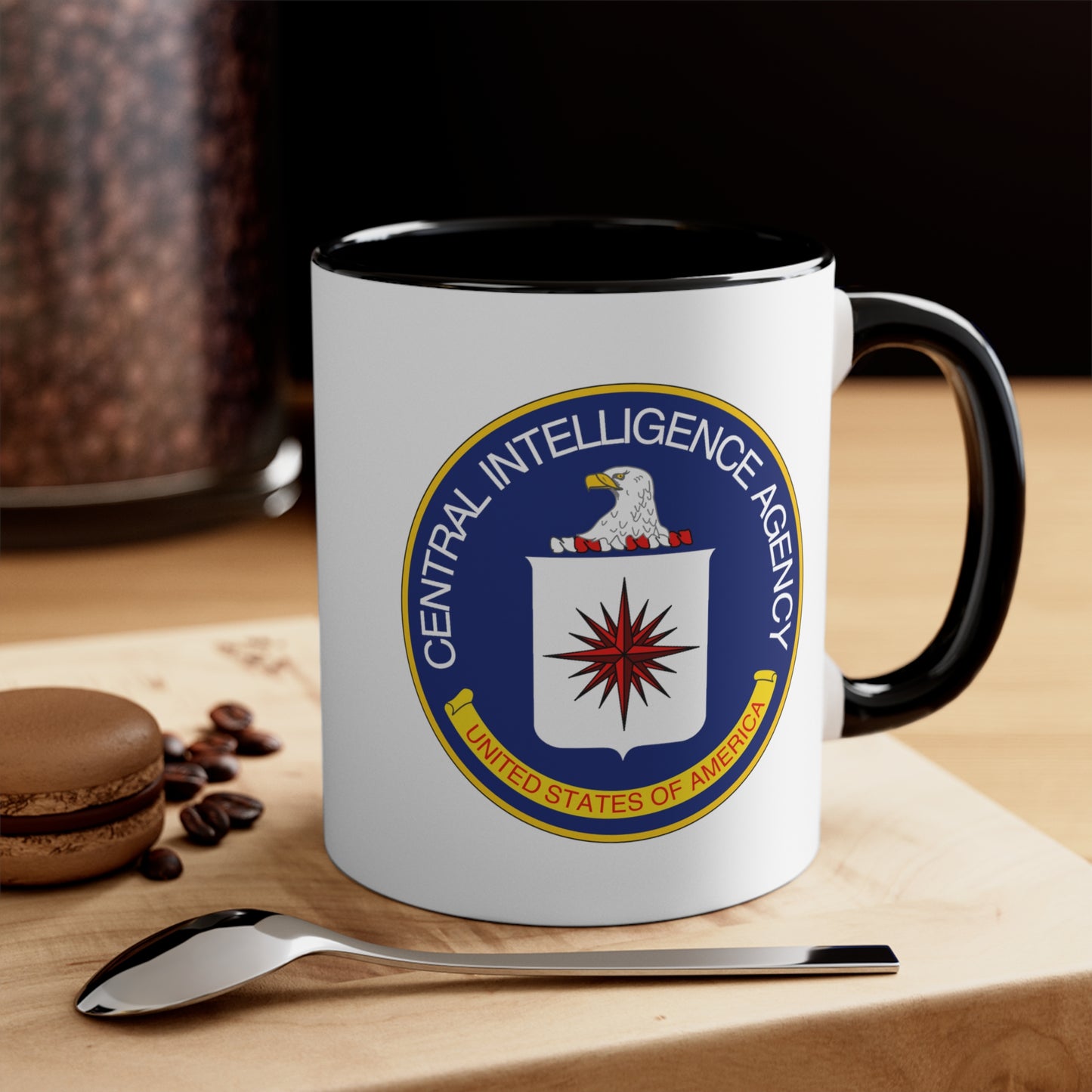 CIA Logo Coffee Mug - Double Sided Black Accent White Ceramic 11oz by TheGlassyLass