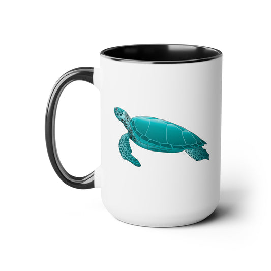 Sea Turtle Coffee Mug - Double Sided Black Accent White Ceramic 15oz by TheGlassyLass