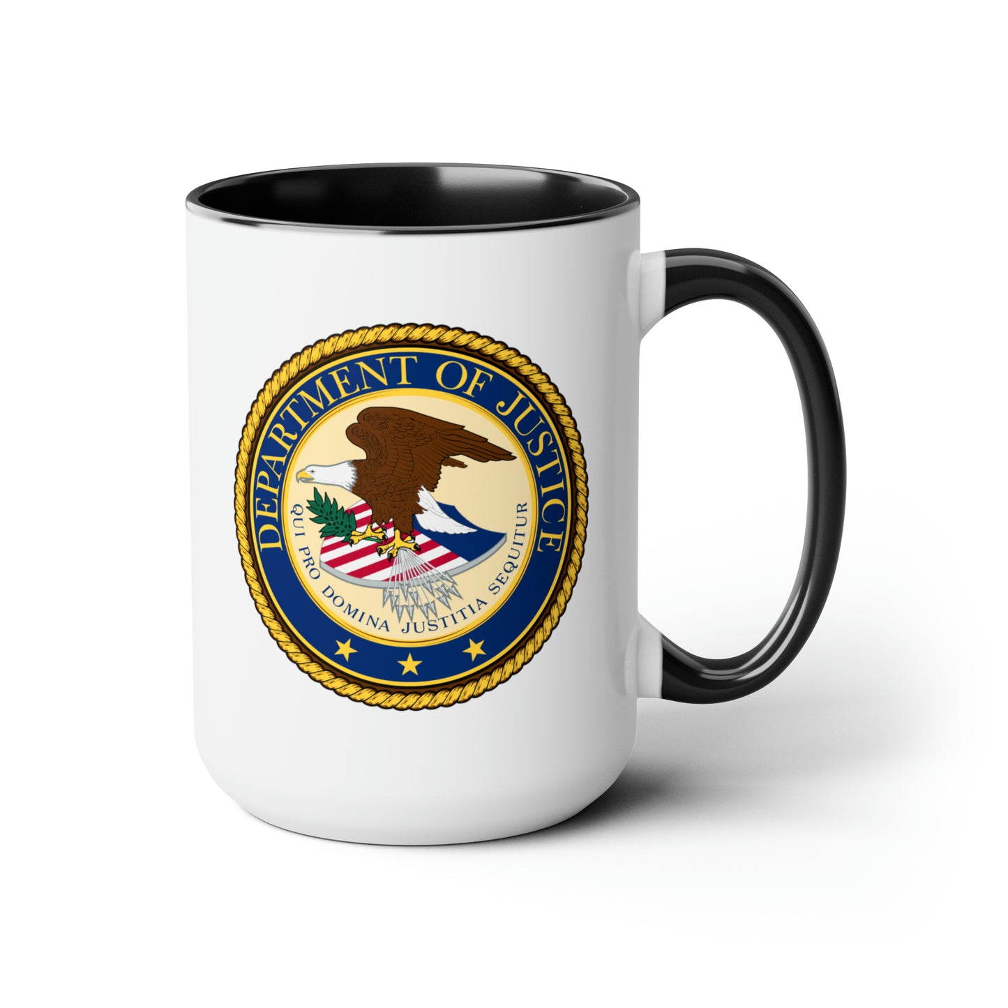 Department of Justice Coffee Mug - Double Sided Black Accent White Ceramic 15oz by TheGlassyLass