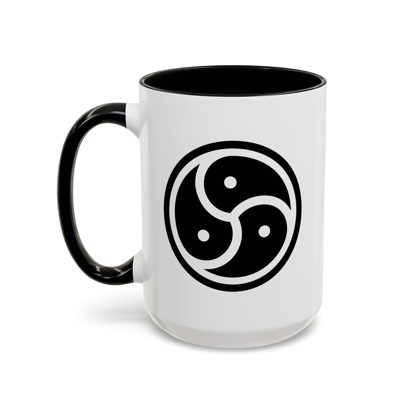 Tri Yin Yang Symbol Coffee Mug - Double Sided Print, Black Accent White Ceramic, 15oz by TheGlassyLass.com