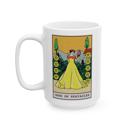 Nine of Pentacles Tarot Card Coffee Mug - Double Sided White Ceramic 15oz by TheGlassyLass.com