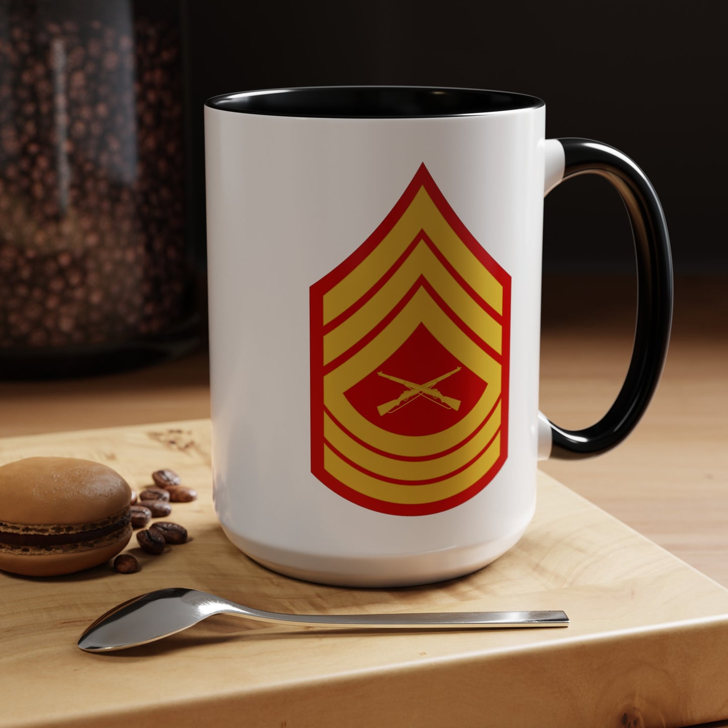 United States Marine Corps Master Sergeant (E-8) Chevron Coffee Mug - Double Sided Black Accent White Ceramic 15oz - by TheGlassyLass.com