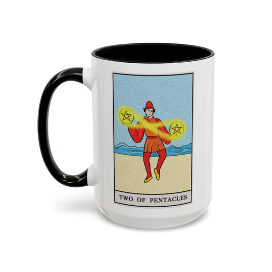 Two of Pentacles Tarot Card Coffee Mug - Double Sided Black Accent White Ceramic 15oz by TheGlassyLass.com