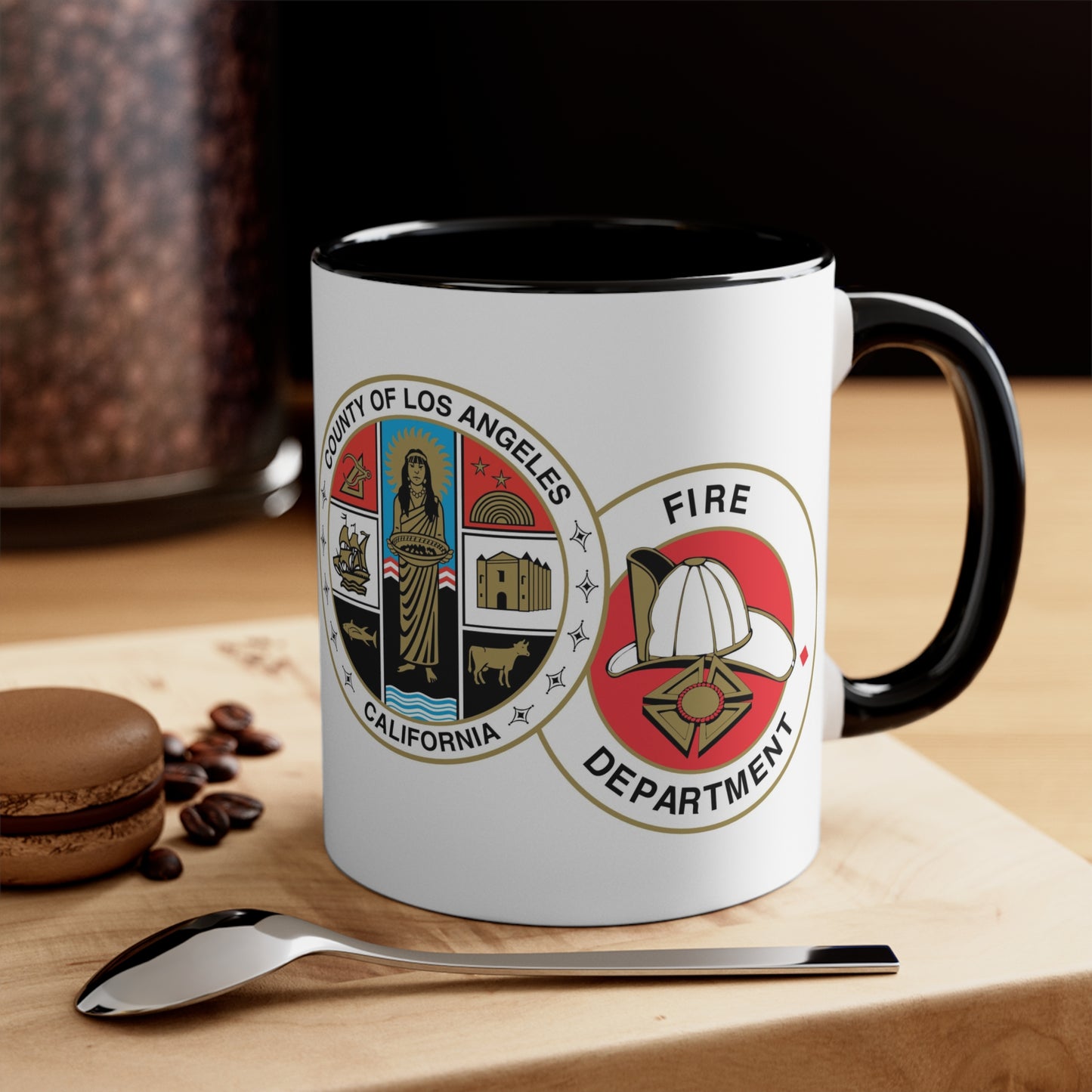 LA County Fire Department Coffee Mug - Double Sided Print Black Accent Two Tone White Ceramic 11oz by TheGlassyLass.com