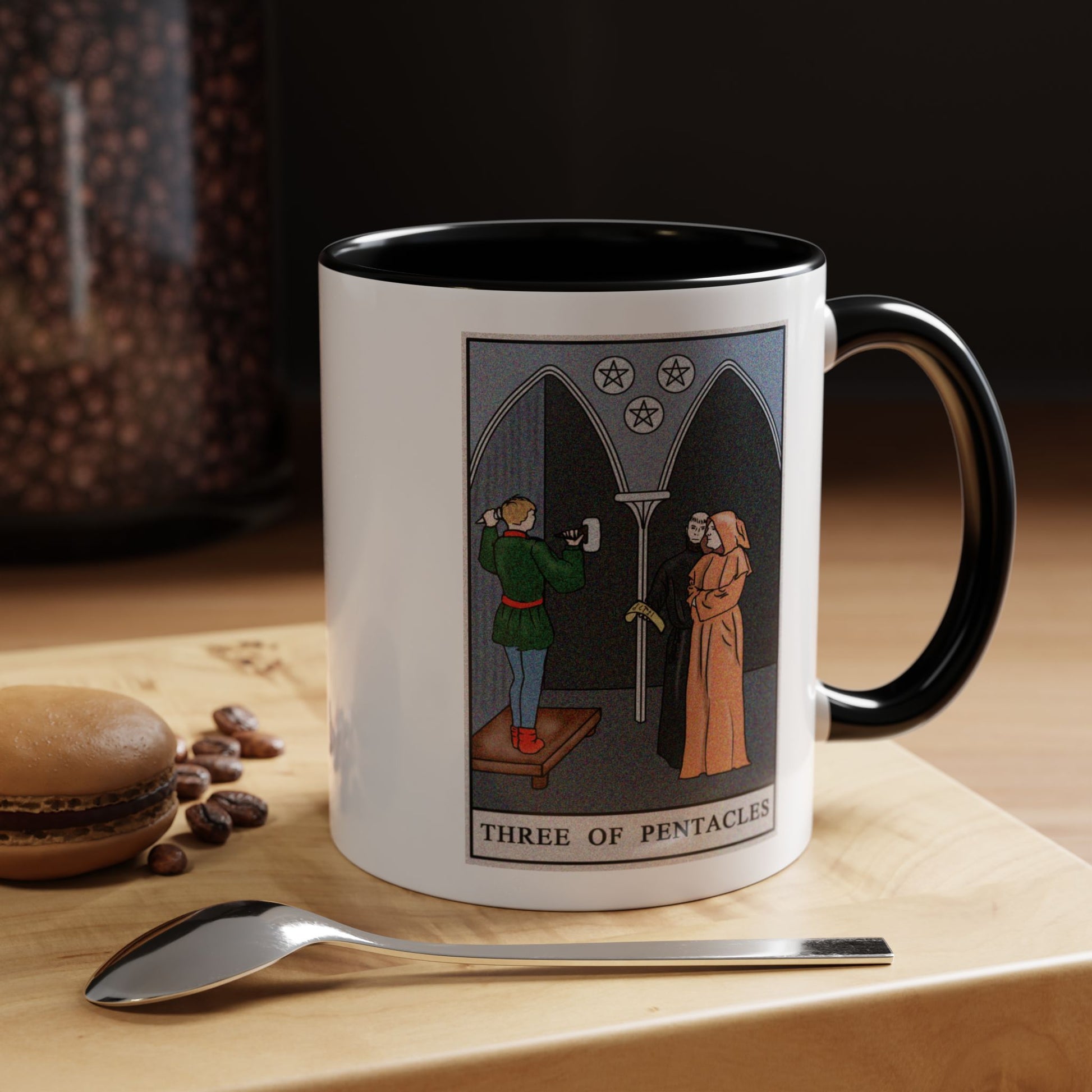 Three of Pentacles Tarot Card Coffee Mug - Double Sided Print, Black Accent White Ceramic, 11oz by TheGlassyLass.com