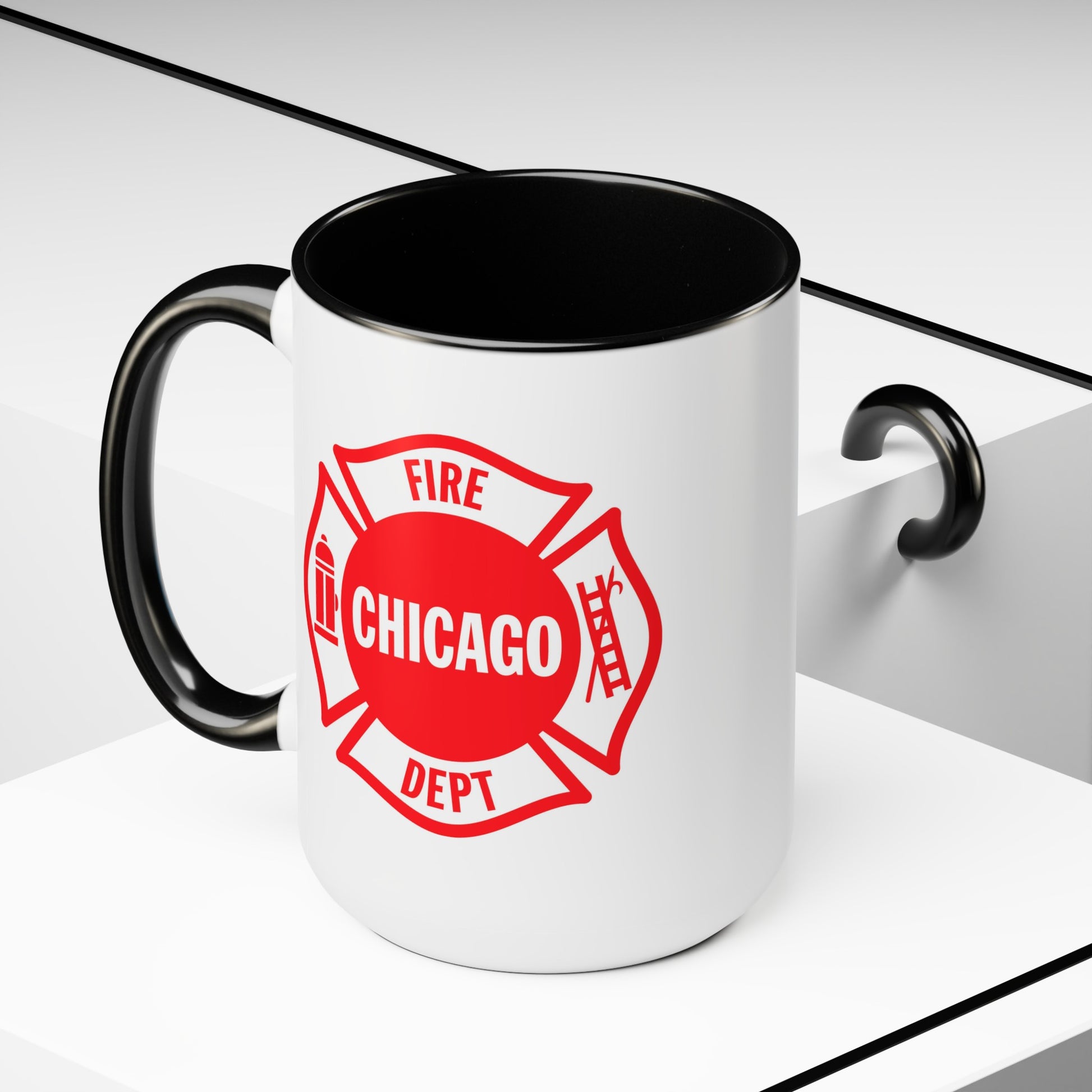 Chicago Fire Department Coffee Mug - Double Sided Print Black Accent Two Tone White Ceramic 15oz by TheGlassyLass.com