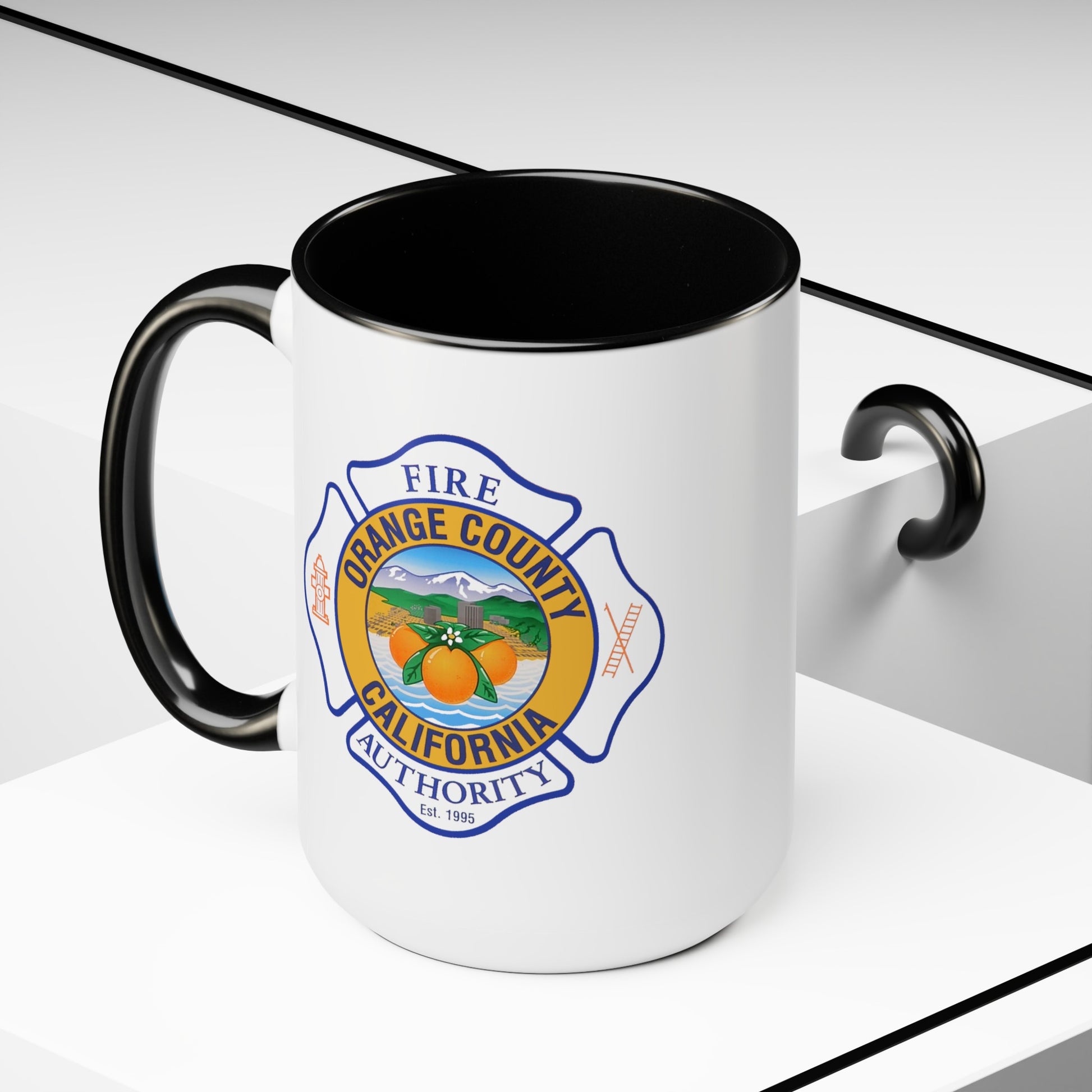 Orange County Fire Authority Coffee Mugs Double Sided Black Accent White Ceramic 15oz by TheGlassyLass.com