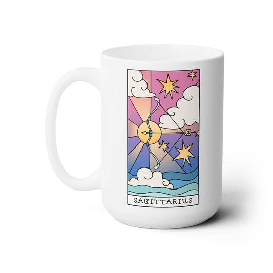 This listing is for a Premium Quality 15oz White Ceramic coffee / tea mug with a double sided Sagittarius Tarot Card