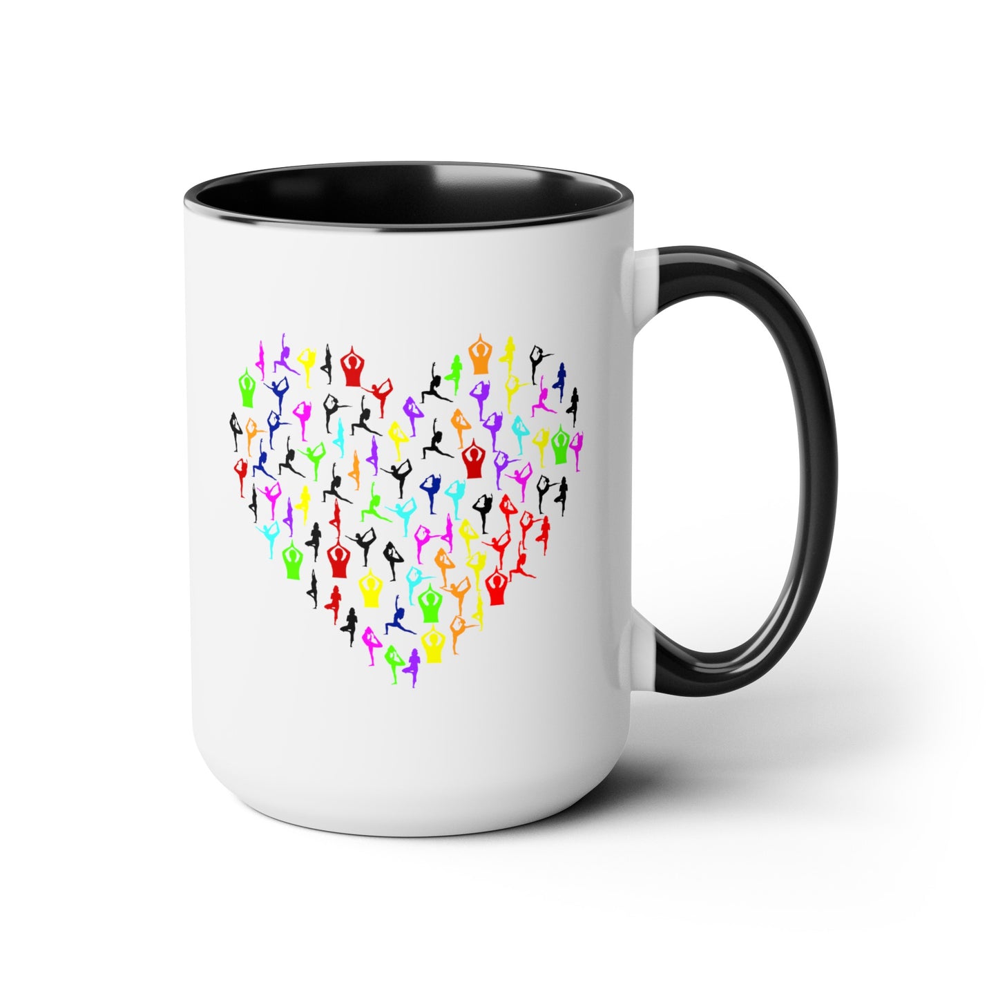 Rainbow Heart Yoga Coffee Mug - Double Sided Black Accent White Ceramic 15oz by TheGlassyLass.com