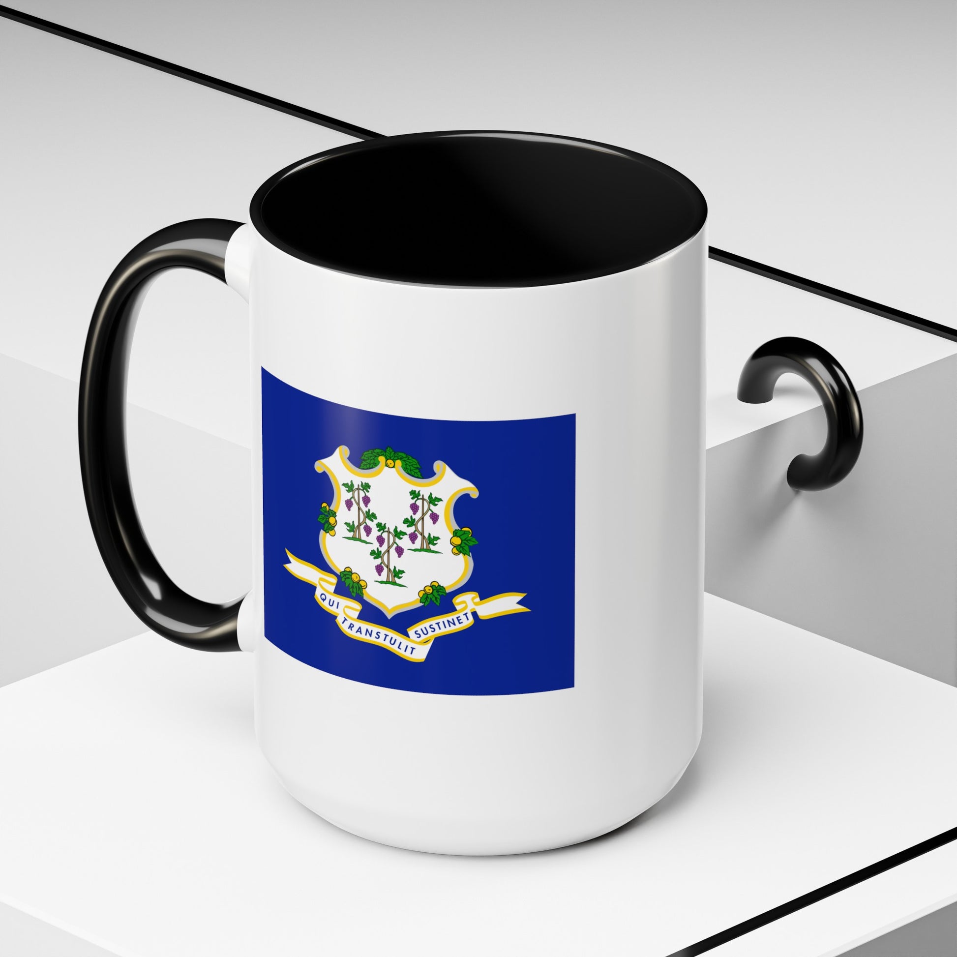 Connecticut State Flag - Double Sided Black Accent White Ceramic Coffee Mug 15oz by TheGlassyLass.com