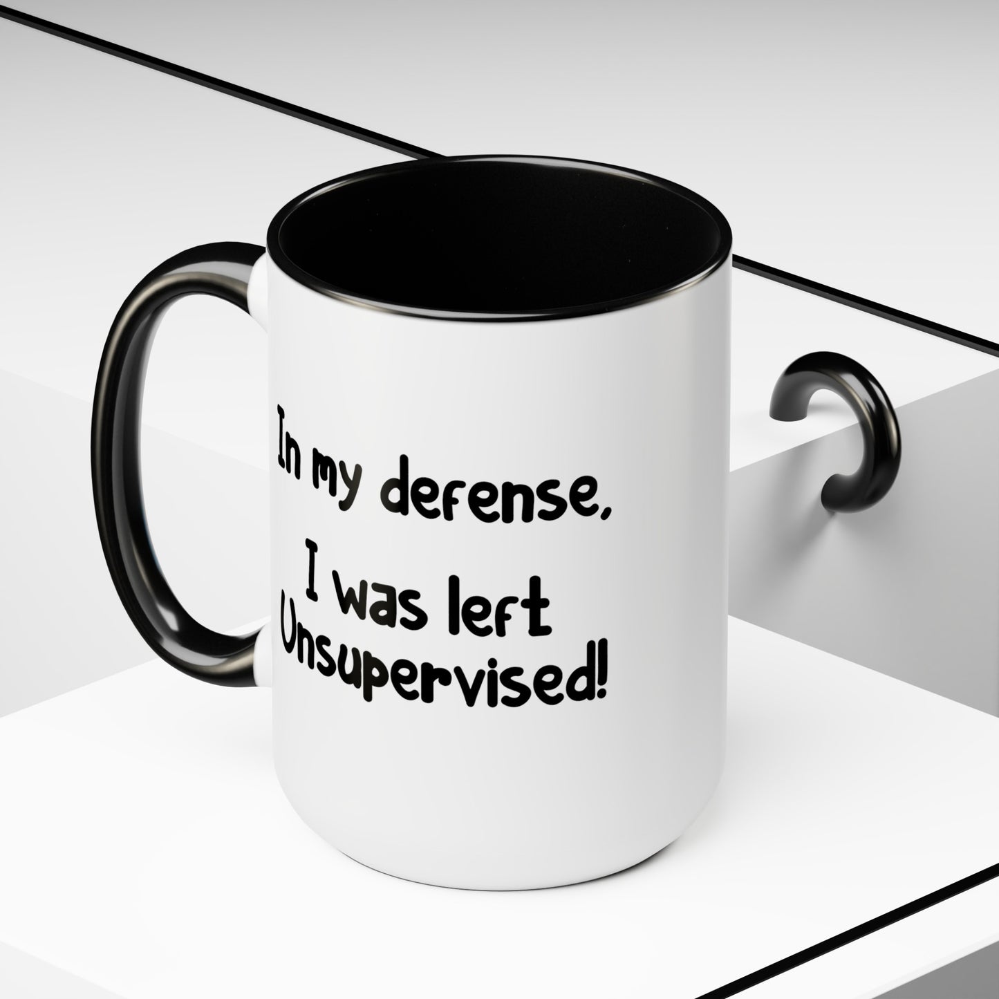 In My Defense - Double Sided Black Accent White Ceramic Coffee Mug 15oz by TheGlassyLass.com