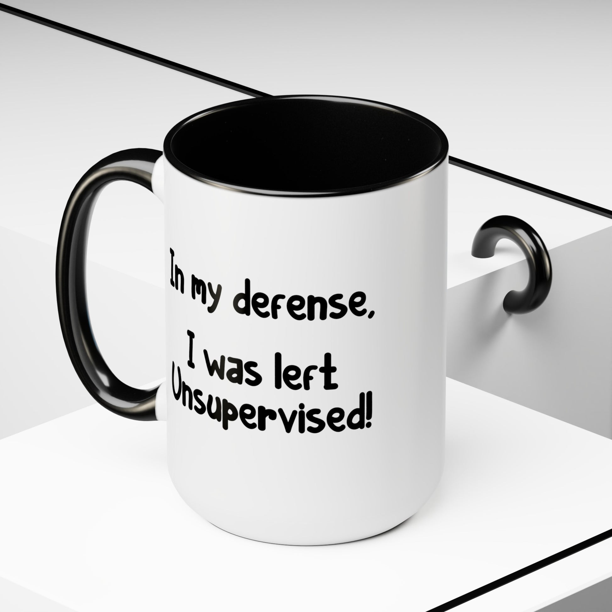 In My Defense - Double Sided Black Accent White Ceramic Coffee Mug 15oz by TheGlassyLass.com