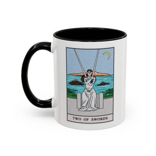 Two of Swords Tarot Card Coffee Mug - Double Sided Print, Black Accent White Ceramic, 11oz by TheGlassyLass