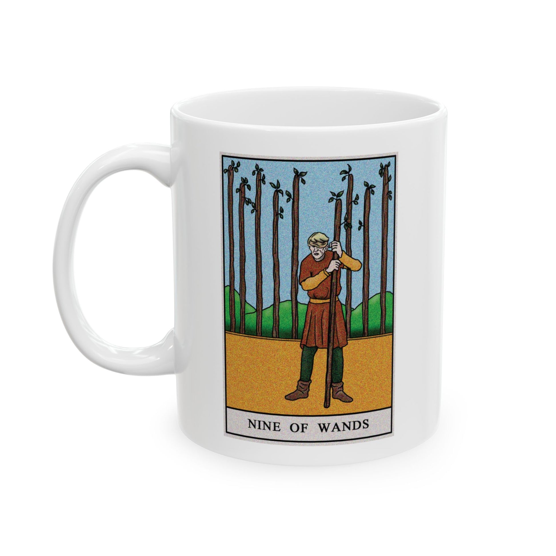 Nine of Wands of Wands Tarot Card Coffee Mug - Double Sided Print, White Ceramic, 11oz by TheGlassyLass.com