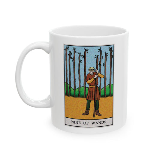 Nine of Wands of Wands Tarot Card Coffee Mug - Double Sided Print, White Ceramic, 11oz by TheGlassyLass.com