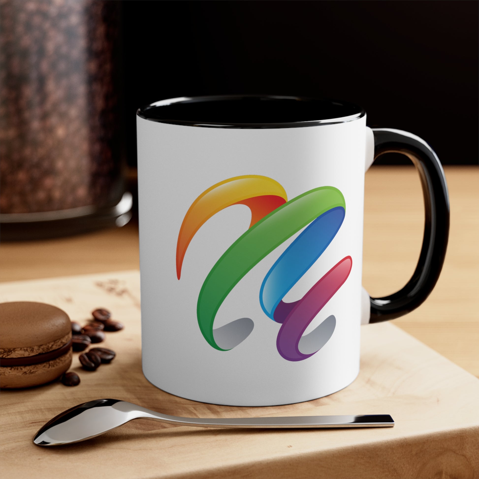 Rainbow Swirl Coffee Mug - Double Sided Black Accent White Ceramic 11oz by TheGlassyLass.com