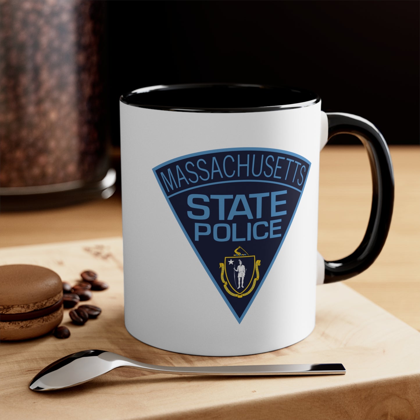 Massachusetts State Police Coffee Mug - Double Sided Black Accent White Ceramic 11oz by TheGlassyLass