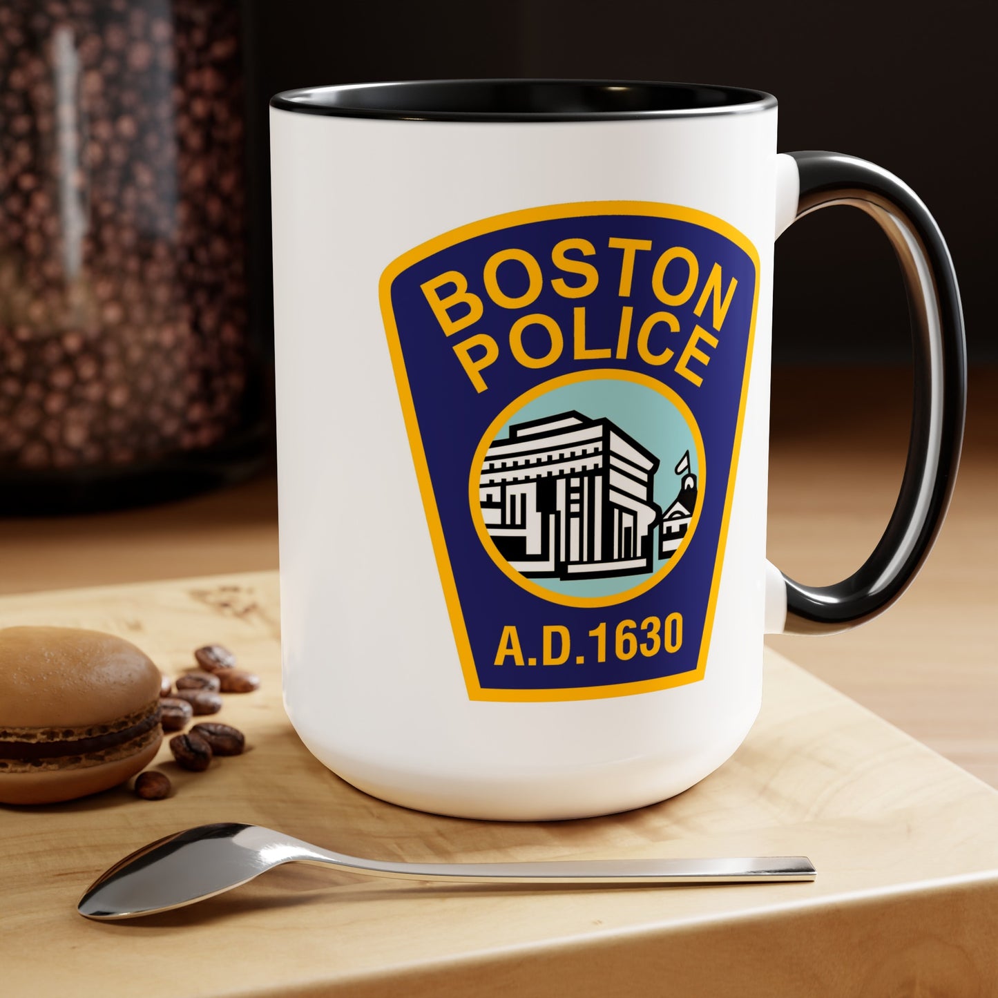 Boston Police Coffee Mug - Double Sided Black Accent White Ceramic 15oz by TheGlassyLass.com