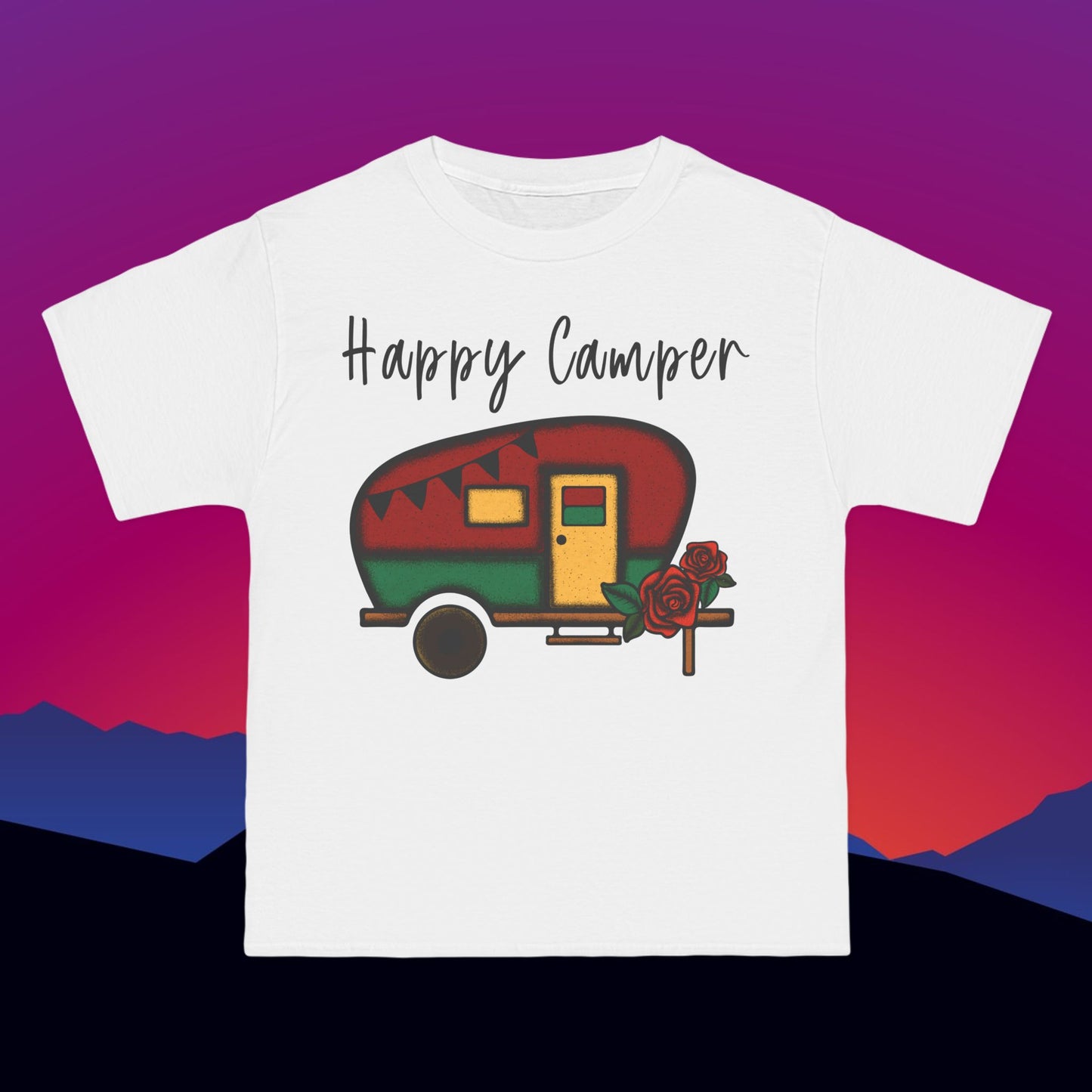 Happy Camper T-Shirt: (Hanes Beefy-T 100% Preshrunk Cotton) Custom Printed by TheGlassyLass.com