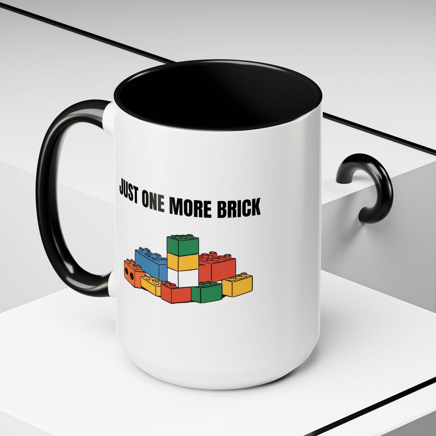 LEGO Just One More Brick Coffee Mug - Double Sided Black Accent White Ceramic 15oz by TheGlassyLass.com
