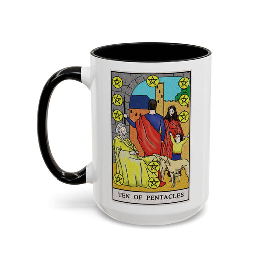 Ten of Pentacles Tarot Card Coffee Mug - Double Sided Black Accent White Ceramic 15oz by TheGlassyLass.com