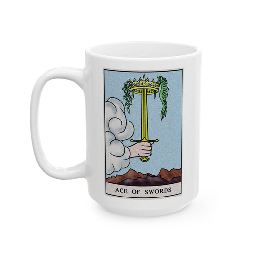 Ace of Swords Tarot Card Coffee Mug - Double Sided White Ceramic 15oz by TheGlassyLass.com