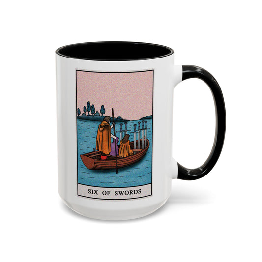 Six of Swords Tarot Card Coffee Mug - Double Sided Black Accent White Ceramic 15oz by TheGlassyLass