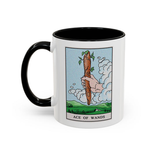Ace of Wands Tarot Card Coffee Mug - Double Sided Print, Black Accent White Ceramic, 11oz by TheGlassyLass.com