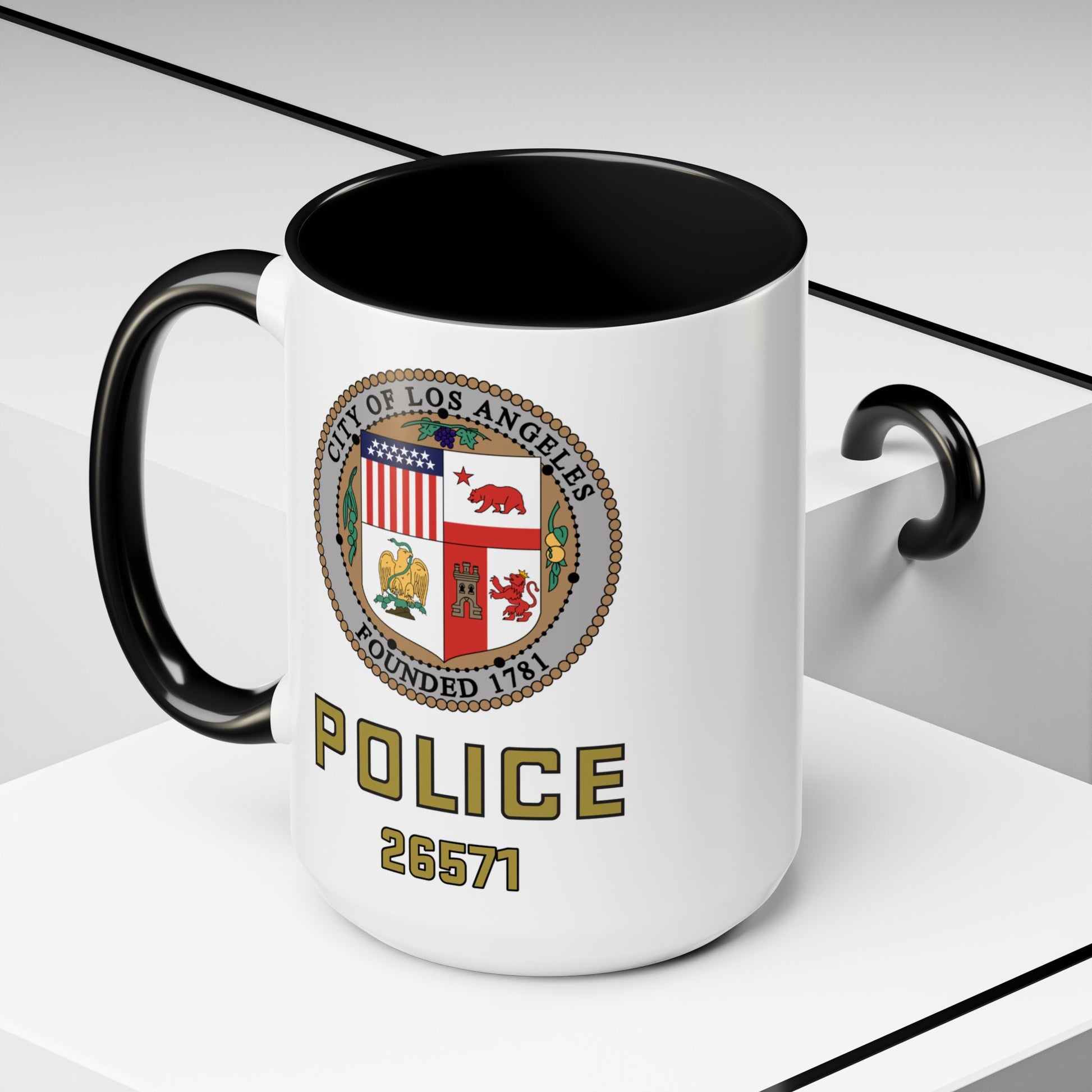 LAPD Cruiser Seal w/ Shop Number 26571 Coffee Mug - Double Sided Black Accent White Ceramic 15oz by TheGlassyLass.com