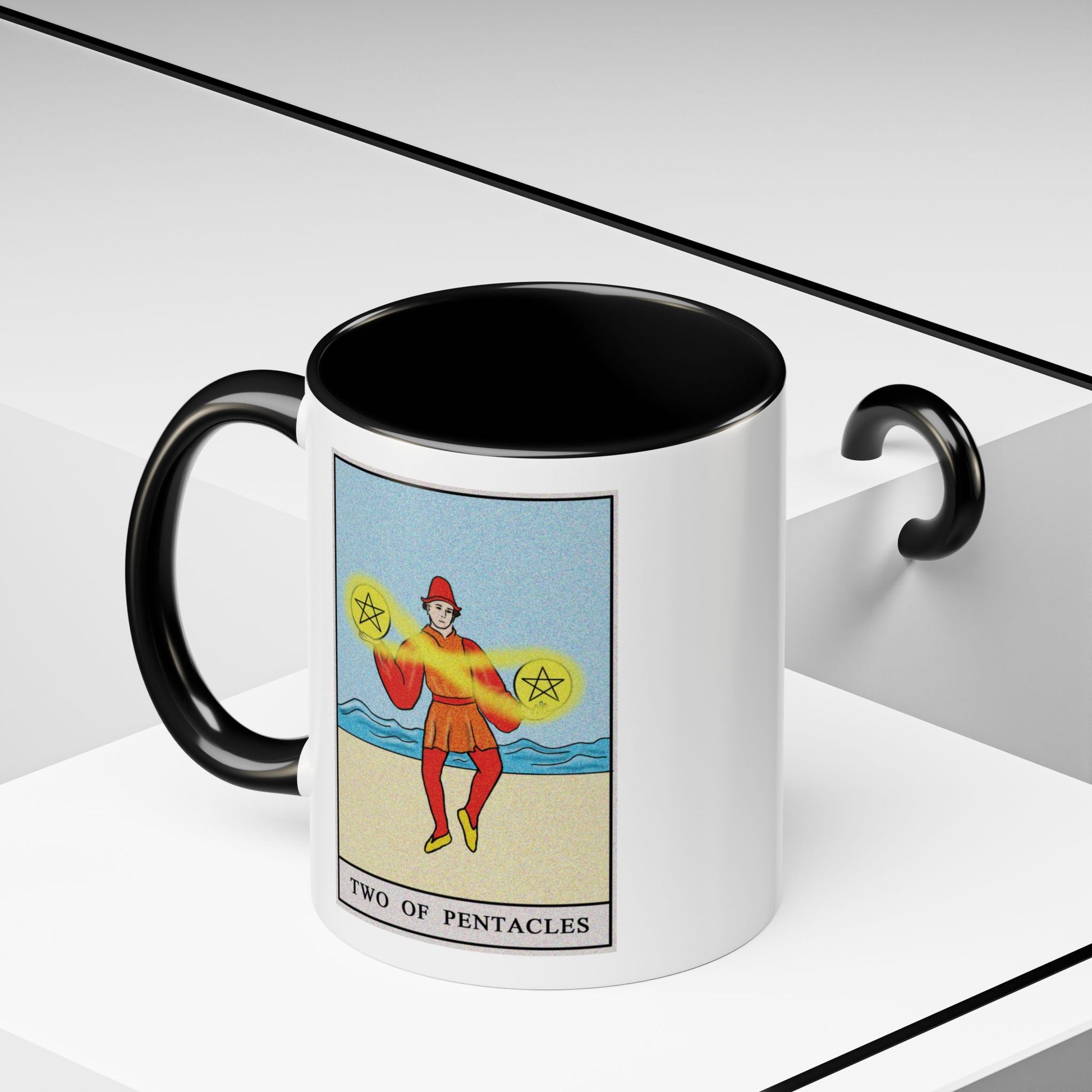 Two of Pentacles Tarot Card Coffee Mug - Double Sided Print, Black Accent White Ceramic, 11oz by TheGlassyLass.com