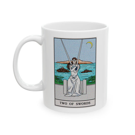 Two of Swords Tarot Card Coffee Mug - Double Sided Print, White Ceramic, 11oz by TheGlassyLass.com