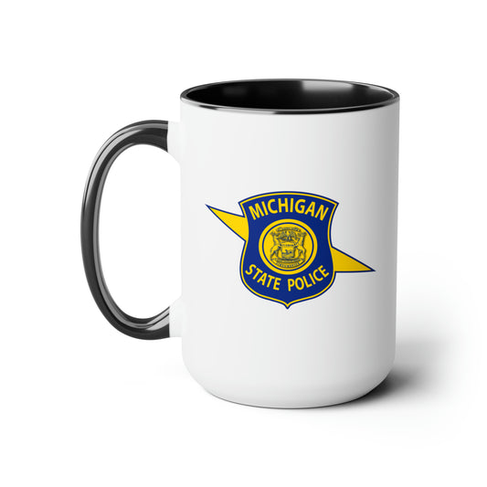 Michigan State Police Coffee Mug - Double Sided Black Accent White Ceramic 15oz by TheGlassyLass