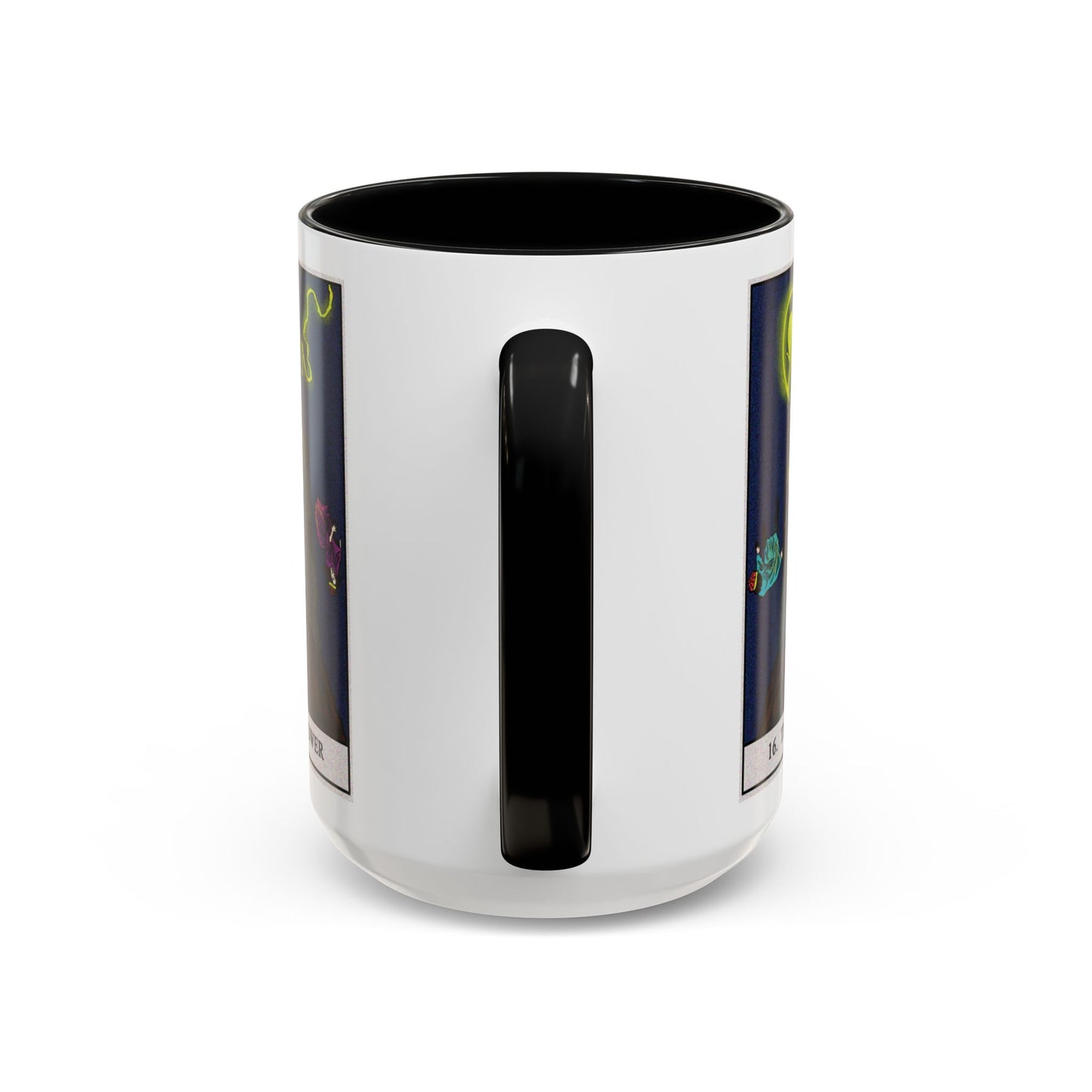 The Tower Tarot Card Coffee Mug - Double Sided Black Accent White Ceramic 15oz by TheGlassyLass.com