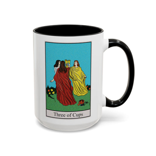 Three of Cups Tarot Card Coffee Mug - Double Sided Black Accent White Ceramic 15oz by TheGlassyLass