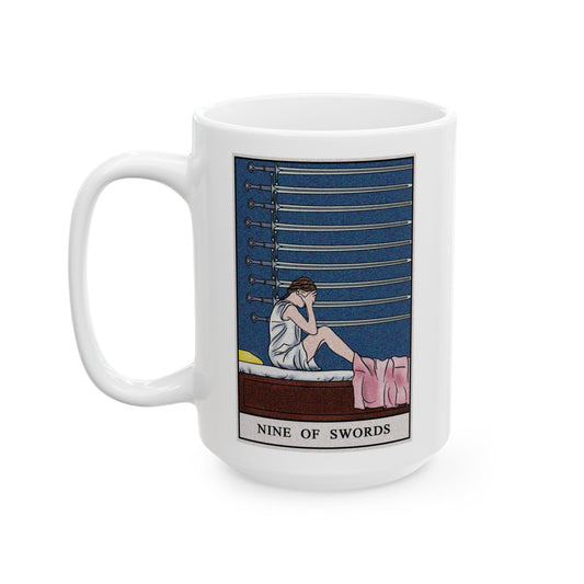 Nine of Swords Tarot Card Coffee Mug - Double Sided White Ceramic 15oz by TheGlassyLass.com